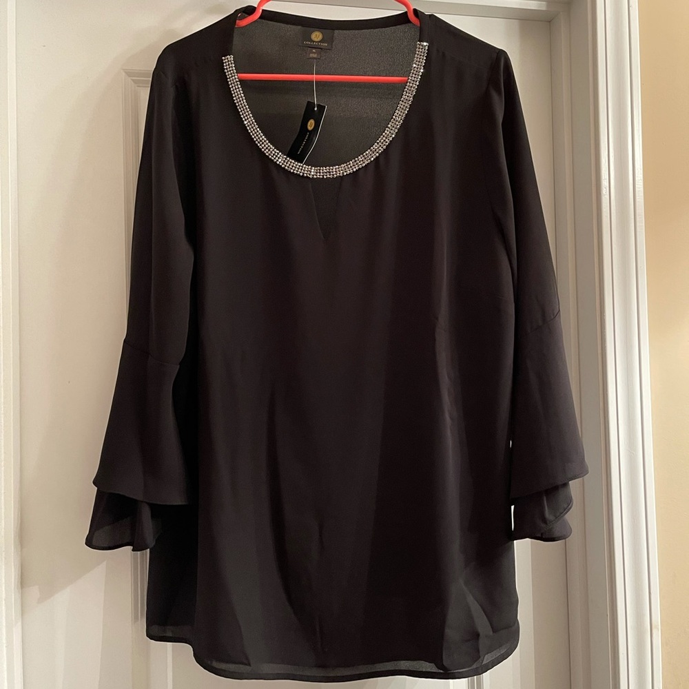 NWT JM Collection Bell-Sleeve Rhinestone Neck-Top, Deep Black
